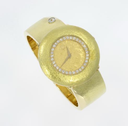 goldene Schmuckuhr mit Brillanten ausgefallene Schmuckuhr Unikat Uhr Gold Dame