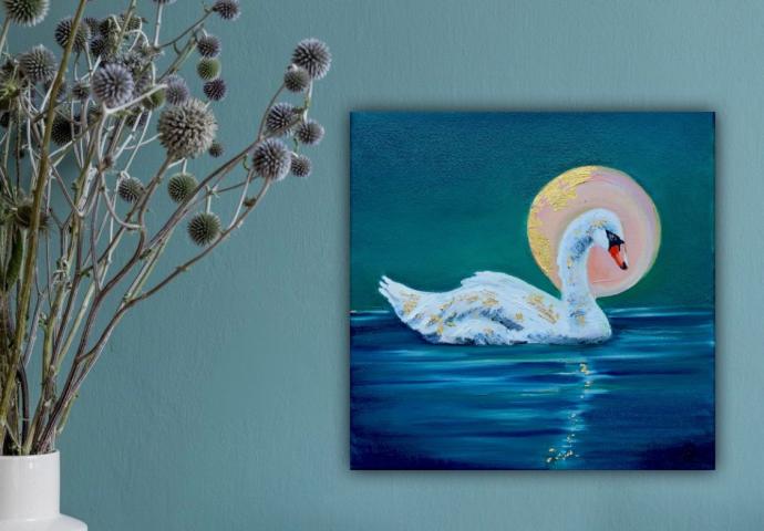 Golden Power Swan Öl und Blattgold auf Leinwand 25 x25 cm Swan an der Wand Leinwand